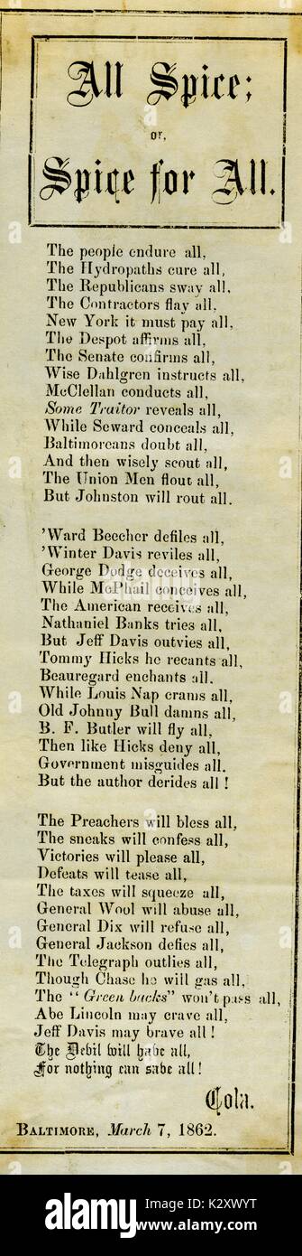 Breitseite aus dem amerikanischen Bürgerkrieg, der den Titel "Alle Spice oder Gewürz für Alle", abschätzig viele Union Militärs und Politiker befürwortet zwar die der Konföderation, Baltimore, Maryland. 1862. Stockfoto