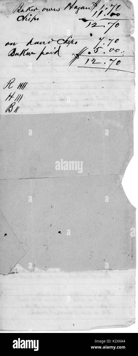 Alten Schrott Papier aus dem Amerikanischen Bürgerkrieg mit handschriftlichen Notizen von Berechnungen für die Schulden der ausgetauschten Objekte, 1865. Stockfoto