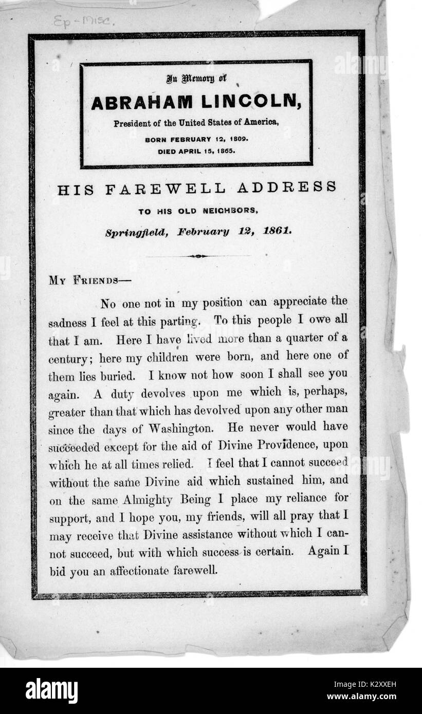 Seite von einem Memorial Text aus dem amerikanischen Bürgerkrieg, der das Leben und den Tod von Abraham Lincoln, mit Auszug aus seiner Abschiedsrede an seine alten Nachbarn von 1861, Springfield, Illinois, 1865. Stockfoto
