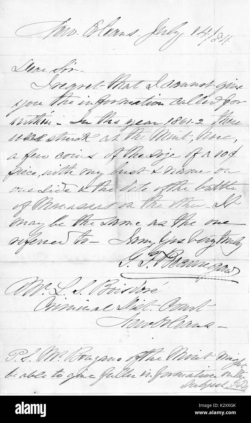 Einen handgeschriebenen Brief aus dem amerikanischen Bürgerkrieg, New Orleans, Louisiana, 1865. Stockfoto
