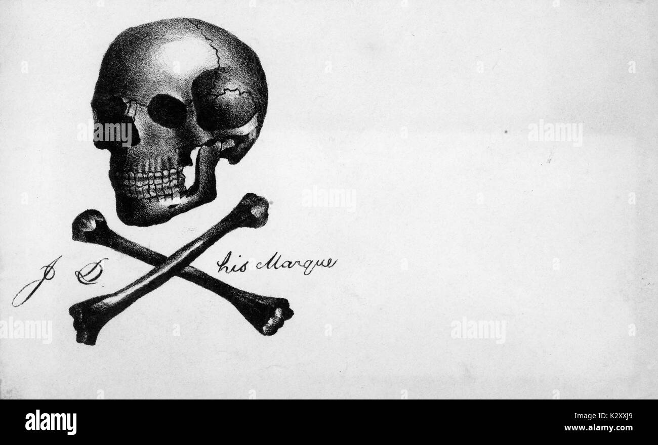Breitseite aus dem amerikanischen Bürgerkrieg, zeigt die ausführliche Darstellung von Schädel und gekreuzte Knochen, mit den Worten "JD seine Marke', 1865 eingeschrieben. Stockfoto