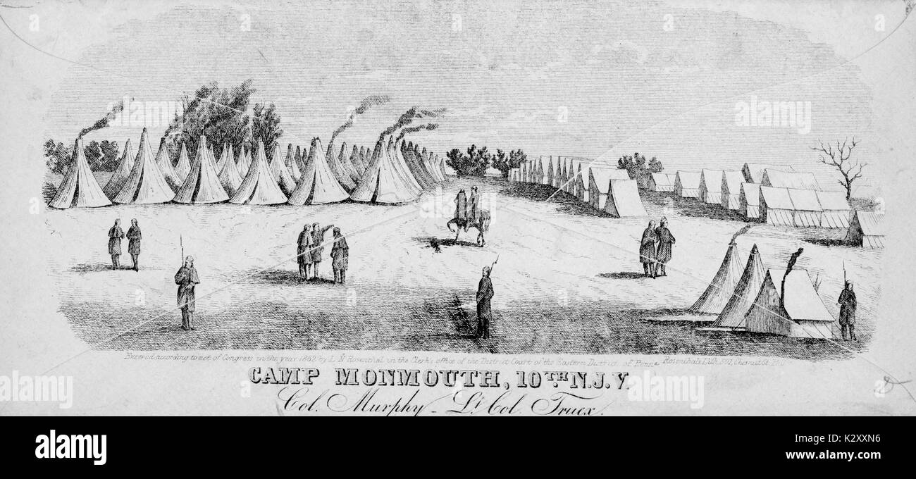 Breitseite aus dem amerikanischen Bürgerkrieg, der den Titel "Camp Monmouth 10 N. J.Y.', mit der Darstellung der Union Camp Monmouth unter dem Kommando von Colonel Robert C. Murphy, 1861. Stockfoto