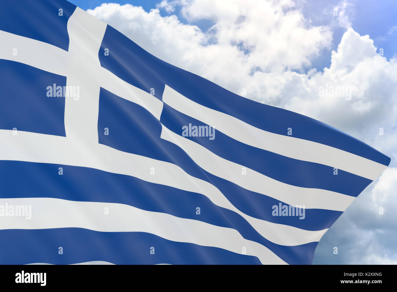 3D-Rendering von Griechenland Flagge schwenkten auf blauer Himmel, Griechenland ist Land auf dem Balkan und Griechischen Unabhängigkeitstag am 25. März beobachtet, die Cou Stockfoto