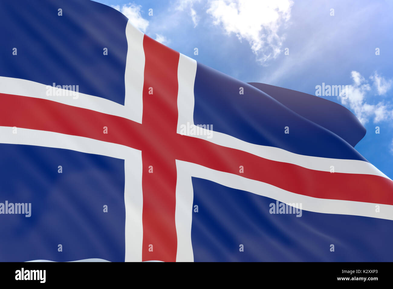 3D-Rendering von Island Flagge schwenkten auf blauer Himmel, Island ist ein Nordic island Nation in Europa, isländischen Nationalfeiertag ist ein jährlicher Urlaub Ich Stockfoto