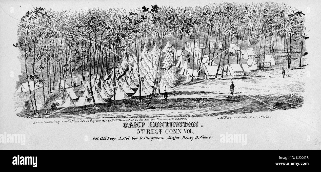 Breitseite aus dem amerikanischen Bürgerkrieg, der den Titel "Camp Huntington", schildert Union Camp Huntington, wo die 5 Connecticut Infanterie Regiment befindet sich unter dem Kommando von Colonel George Henry Chapman und Major Henry Stein, 1861. Stockfoto