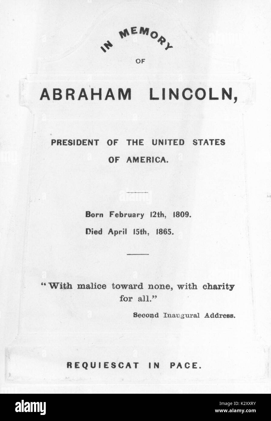 Breitseite aus dem amerikanischen Bürgerkrieg, der den Titel "In Erinnerung an Abraham Lincoln', ist ein Tod in Erinnerung an Abraham Lincoln, 1865. Stockfoto