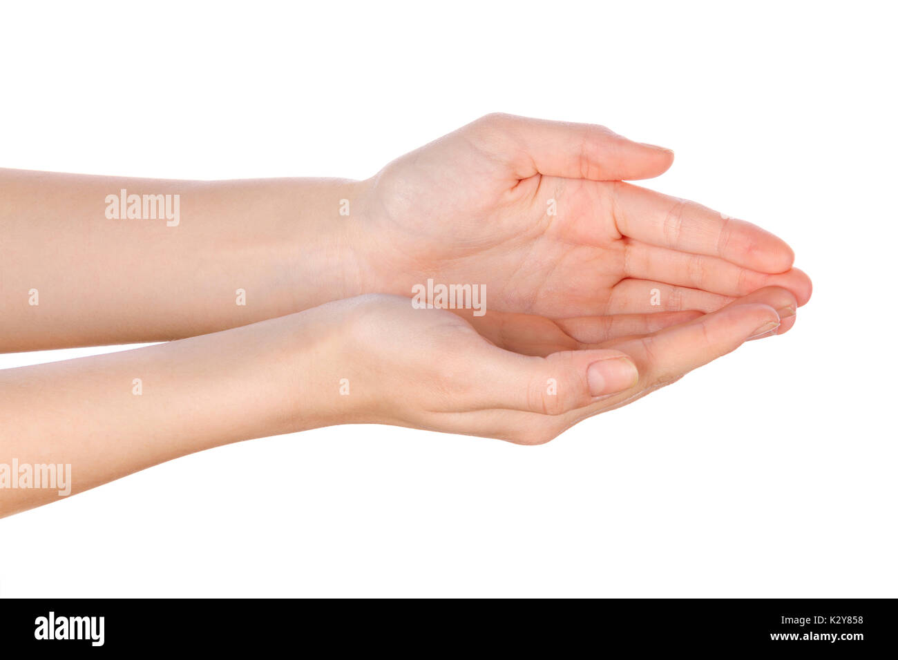 Nahaufnahme der schönen Frau s Hände Handflächen nach oben isoliert auf weißem Hintergrund Stockfoto