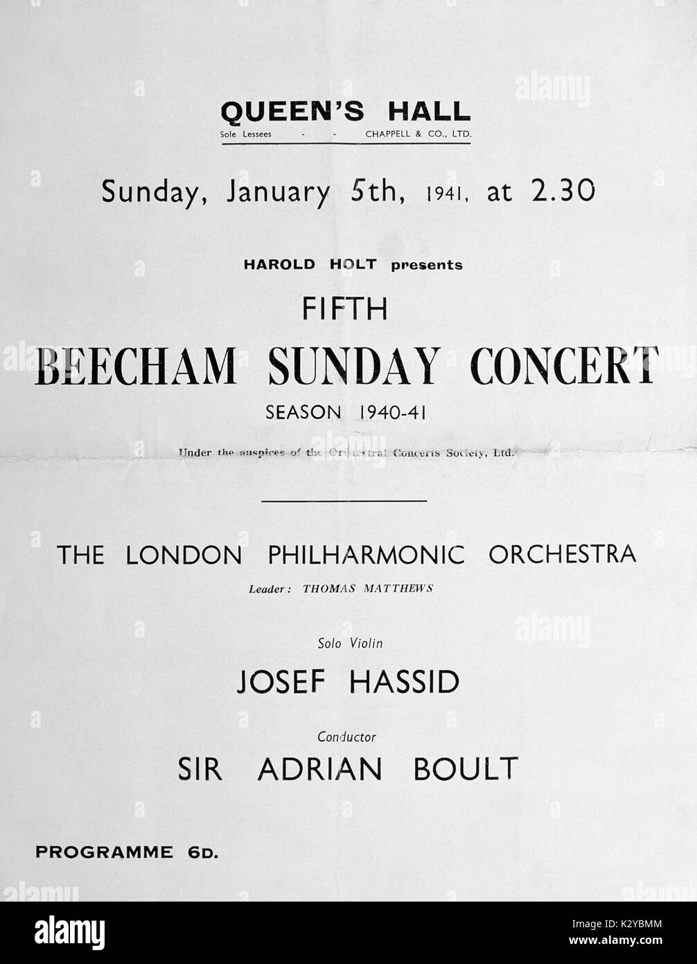 Josef Hassid-Programm für ein Konzert der Polnischen Geiger an der Queen's Hall/Queens Hall, 5. Januar 1941. Mit dem London Philharmonic Orchestra. Von Adrian Boult durchgeführt. JH: 1923 - 1950. Stockfoto Josef Hassid-Programm für ein Konzert der Polnischen Geiger an der Queen's Hall/Queens Hall, 5. Januar 1941. Mit dem London Philharmonic Orchestra. Von Adrian Boult durchgeführt. JH: 1923 - 1950. Stockfoto