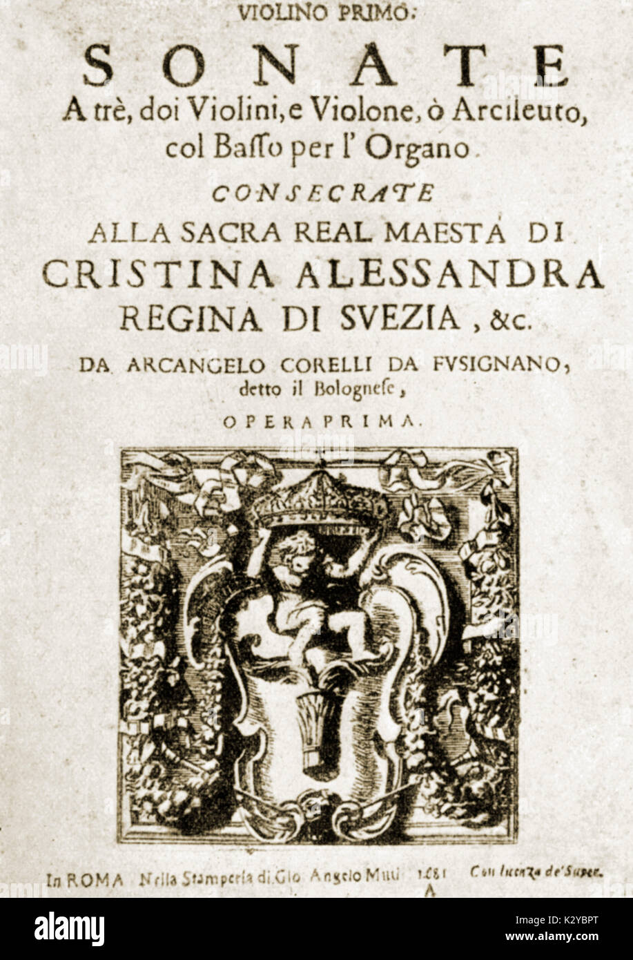 Arcangelo Corelli - Titelseite des italienischen Komponisten der "Trio Sonaten, op.1, Rom 1681. 17 Februar 1653 - 8. Januar 1713. Stockfoto