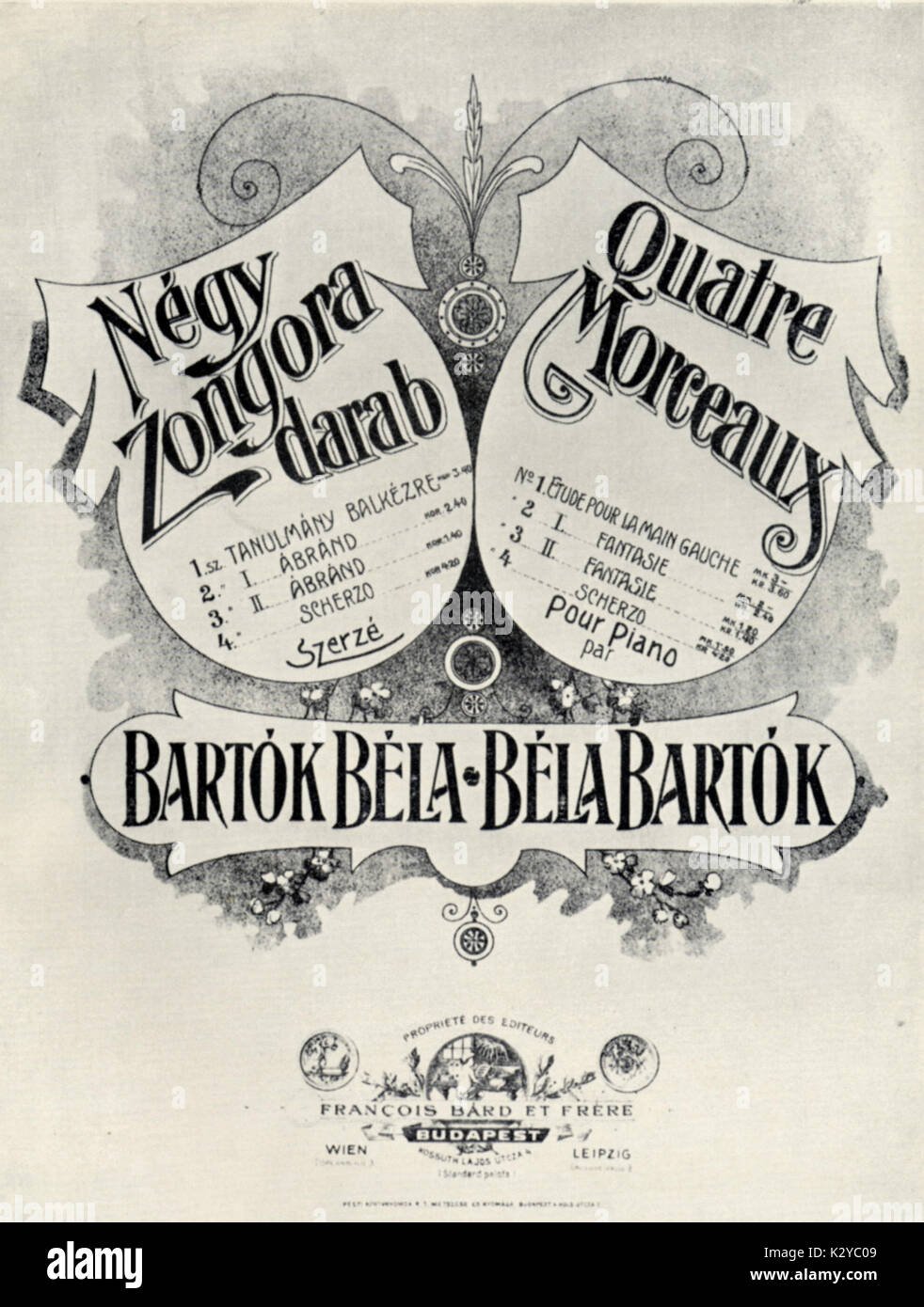 Bela Bartoks score" Quatre Morceaux". Vor der ursprünglichen Ausgabe Klavierauszug, 1904. Ungarische Komponist & Pianist, 1881-1945 Stockfoto