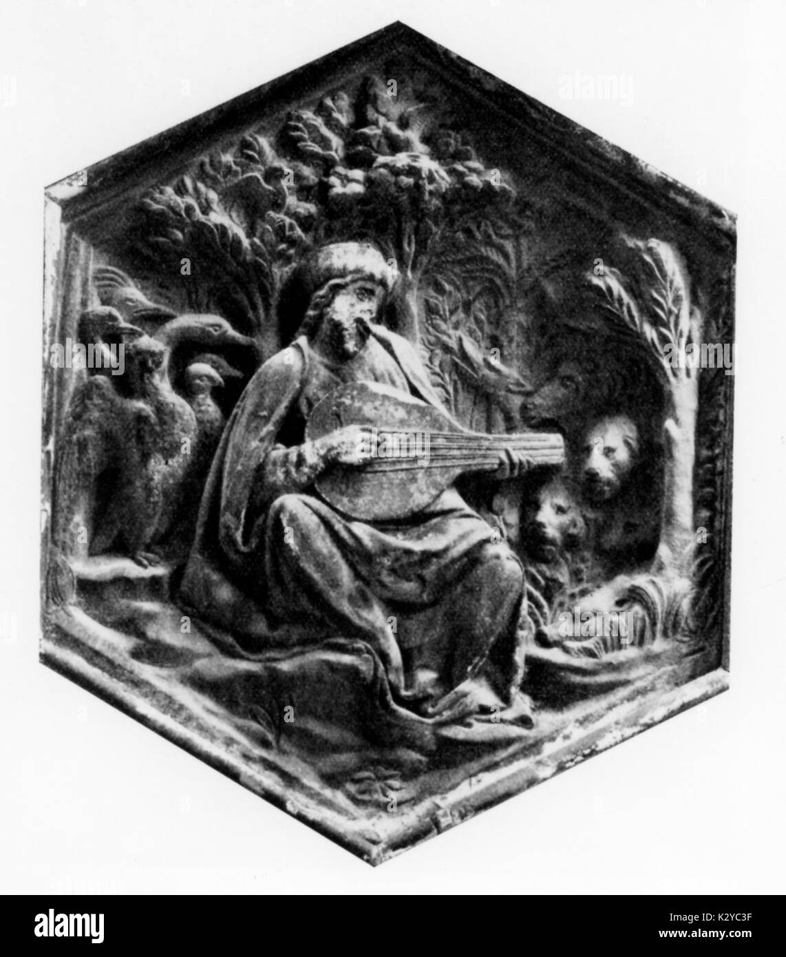 Orpheus als Lautenspieler. Relief von Giotto vom Campanile in Florenz. Stockfoto