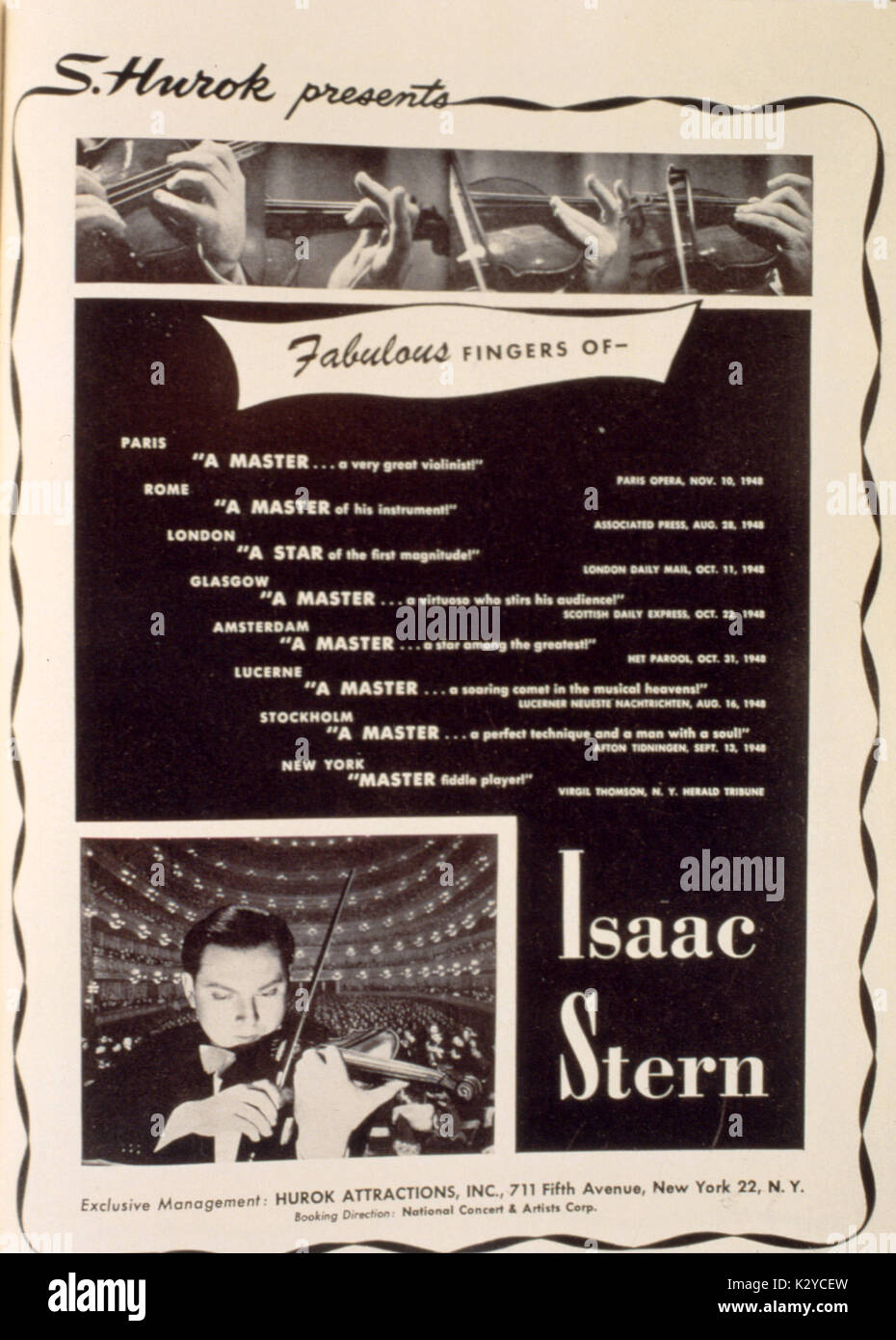 Werbung für Isaac Stern Aussehen in Amerika, 1949. Amerikanische Geiger russischer Herkunft (1920-). Spielen Geige. Stockfoto