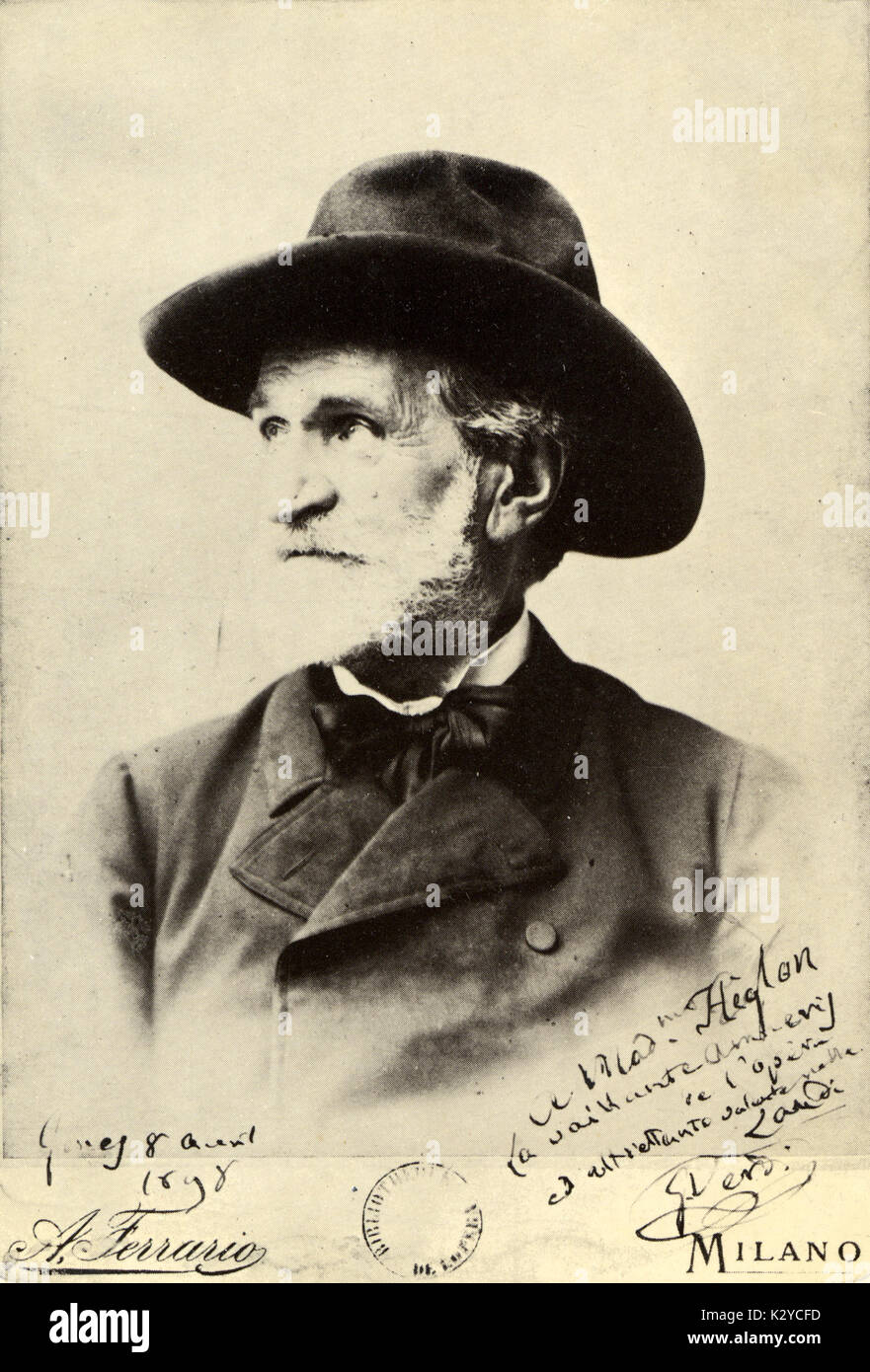 Giuseppe Verdi - Porträt mit Hut. Unterzeichnet 1898 Italienischer Komponist (1813-1901) Stockfoto