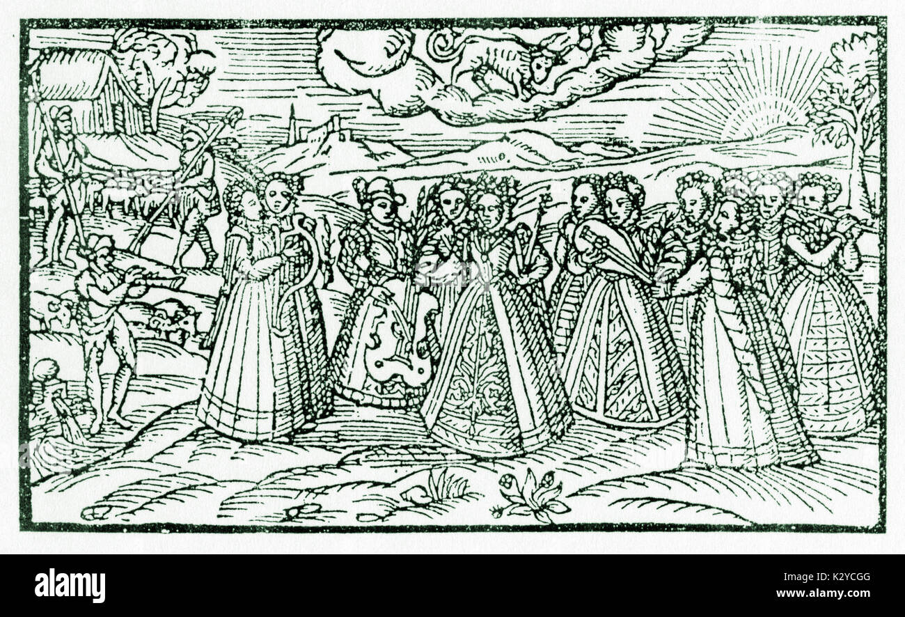 April pastorale Szene, Frauen, Gambe, laute, Harfe, Flöte, Schalmei, auch Hirte mit Horn. Schafe, stream. Renaissance Zeichnung mit dem Titel "April". (aprill) von Edmund Spenser's Shepherd Kalender, 1579. Die Shepheardes Kalender. Stockfoto