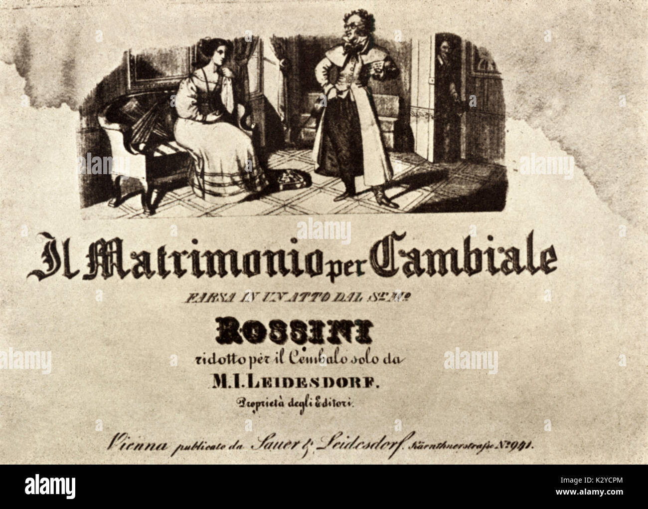 Gioachino Rossini - Il Matrimonio pro Cambiale 1810. Titlepage gezeichnet von Moritz von Schwind. Buffo Oper wurde zum ersten Mal in Venedig im Jahre 1810 (in der Regel 'La cambiale di matrimonia' - die Rechnung der Ehe) durchgeführt. Italienischer Komponist, 29. Februar 1792 - 13. November 1868. Stockfoto
