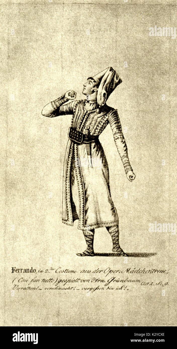 Wolfgang Amadeus Mozarts "Cosi fan tutte". Kostüm von Ferrando aus einem zeitgenössischen Kupferstich, mit Herrn Gunbaum in der Rolle. Akt I, Szene 2. Stockfoto