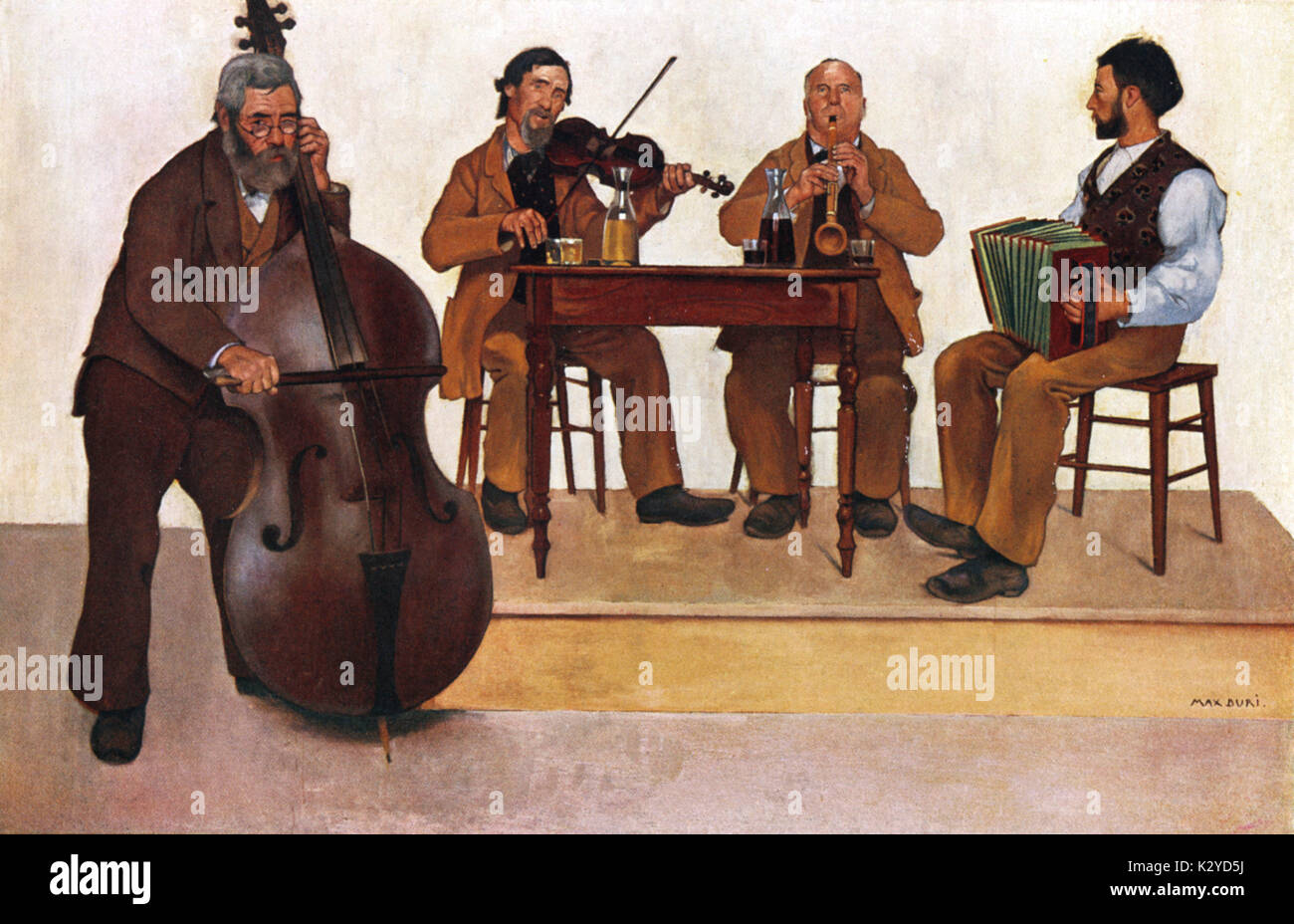 Dorf Musiker - Gemälde von Max Buri sitzen Männer spielen Kontrabass, Geige, Akkordeon, Trompete. Original Titel:'Dorfmusikanten'. Max Buri - Schweizer Künstler 1868 - 1915 Stockfoto