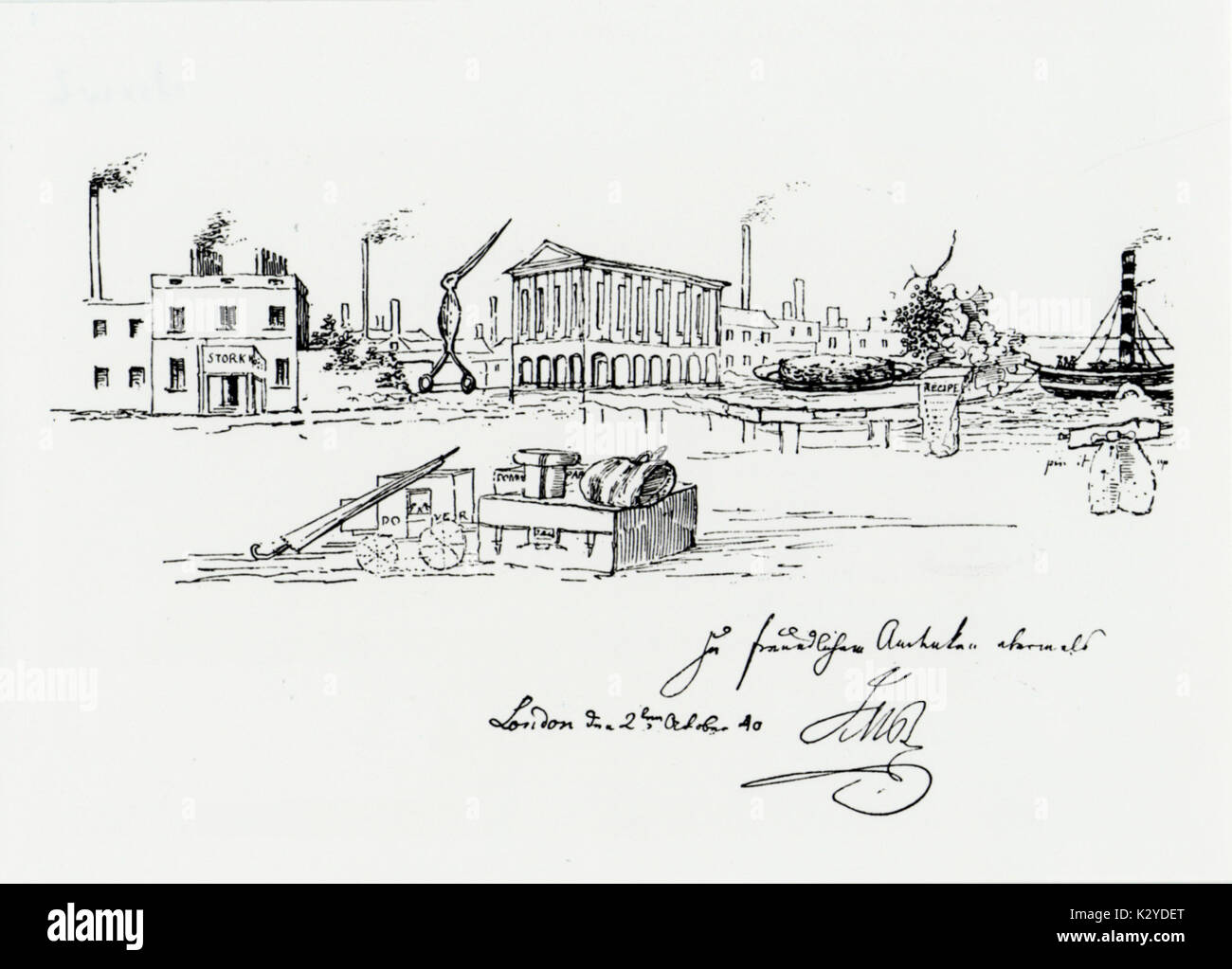 MENDELSSOHN - Feder und Tusche Skizze von Birmingham aus einem Brief aus London geschrieben, datiert vom Oktober 1840. Deutsche Komponist, 1809-1847. Stockfoto