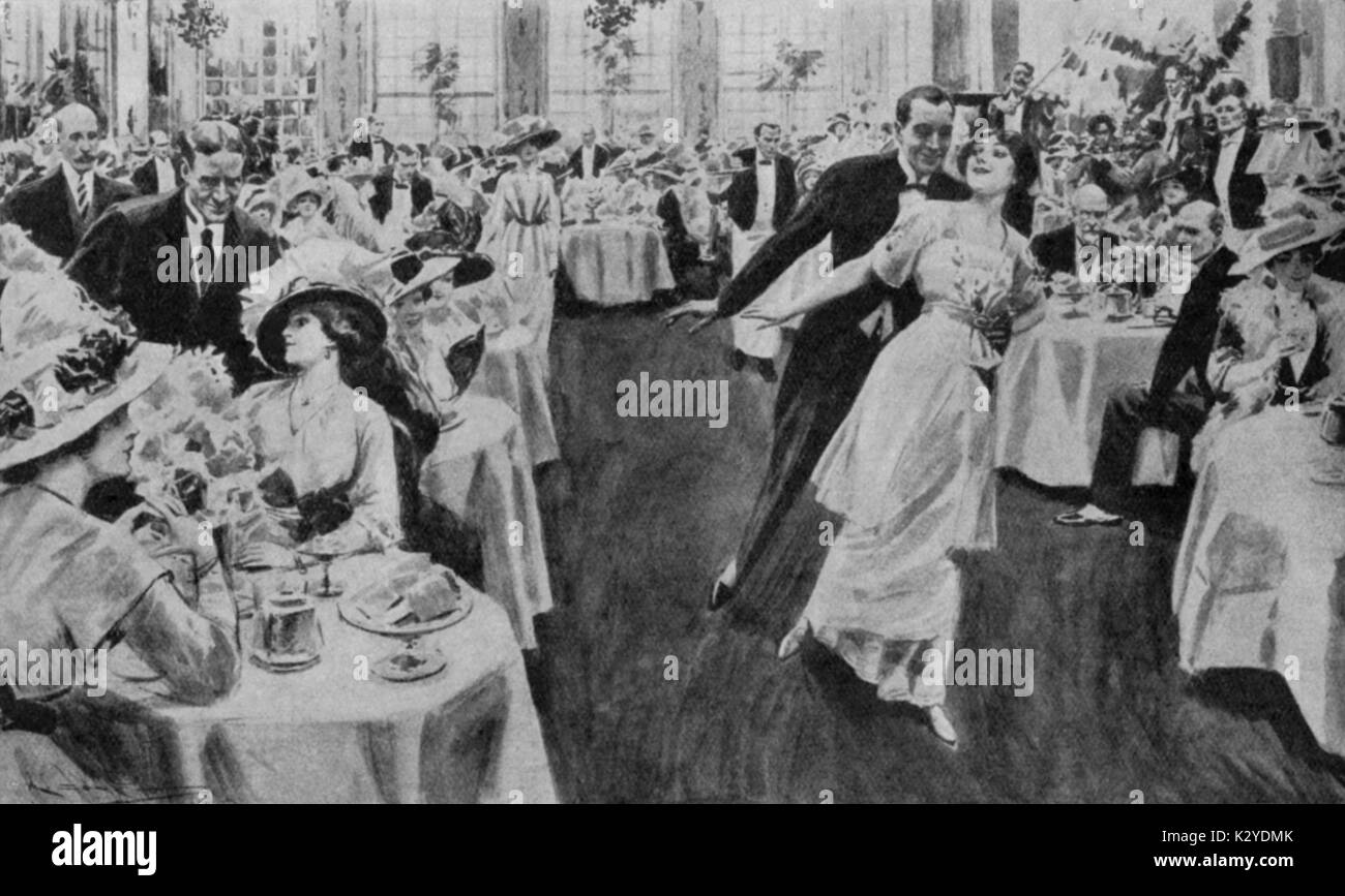 Tanztee in einem Londoner Restaurant, 1913. Tango danicing als Unterhaltung während der Mahlzeiten. "Cousin der Pariser Tango Tee"; ein "Thé Dansant in einem eleganten Restaurant. Stockfoto
