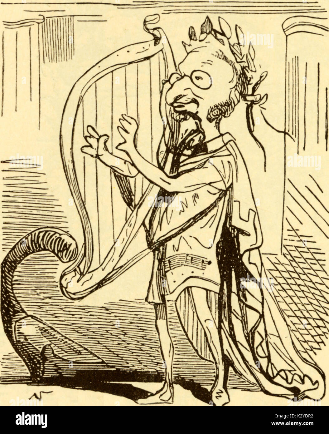 Jacques Offenbach als Orpheus, Spielen auf der Harfe. Karikatur aus "Journal pour rire". Deutsch/Französische Komponist (1819-1880). Stockfoto
