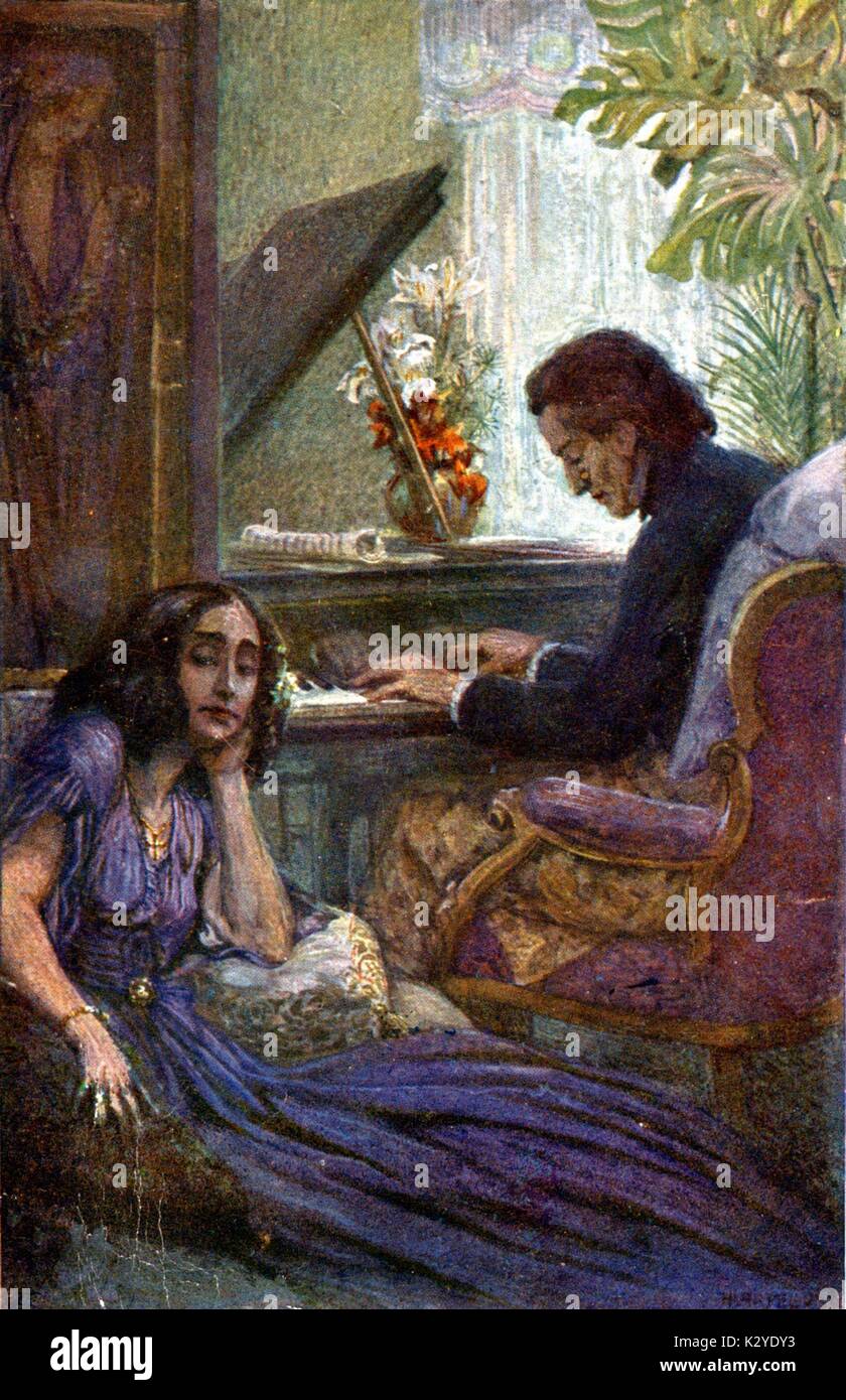 Frederic Chopin am Klavier mit Georges/George Sand - Gemälde von A.Karpellus. Sand, der französische Romancier. Polnische Komponist (1810 - 1849) aus dem frühen 20. Jahrhundert Postkarte Veröffentlicht in Deutschland Stockfoto