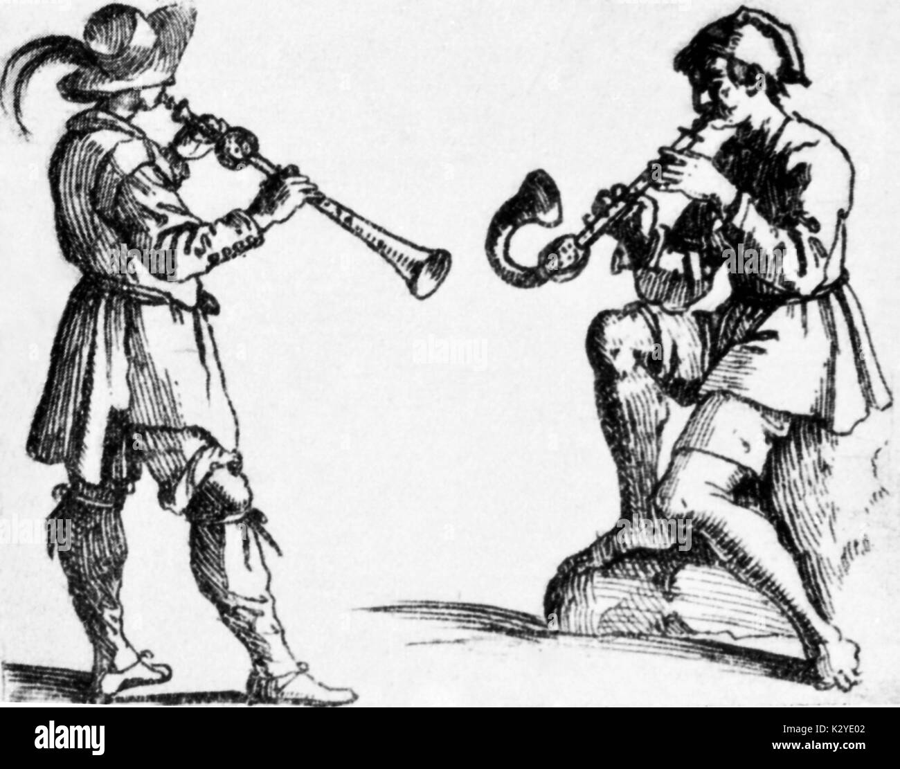 Instrumente. Früh. 3 Krummhorn Spieler im Jahr 1551 gezeichnet Stockfoto