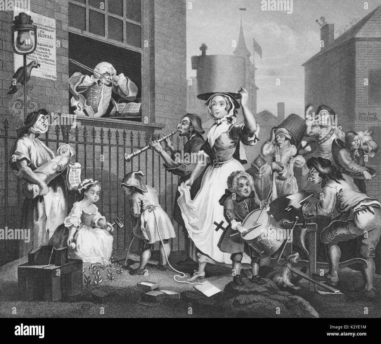 William Hogarth - Die wütenden Musiker. Musiker spielen, Schlagzeug, Blockflöte, Violine, klappern. Nach Burney, der "wütenden Musiker' ist Pietro CASTRUCCI, italienischer Violinist, 1679-1752, Leiter von Händels Oper Orchester Stockfoto