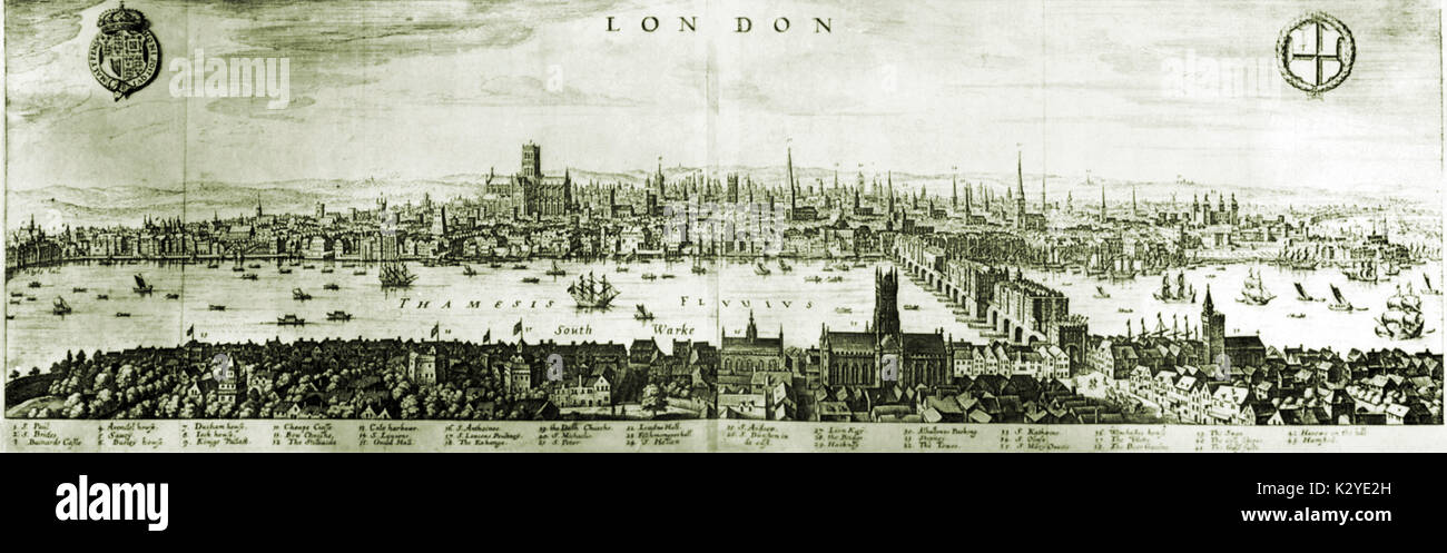 London, England - Panorama auf die Stadt und den Fluss Themse, vor dem großen Brand von 1666. Illustration von Matthäus Merian (C. 1649). Zeit von Shakespeare, John Dowland und Purcell. Stockfoto