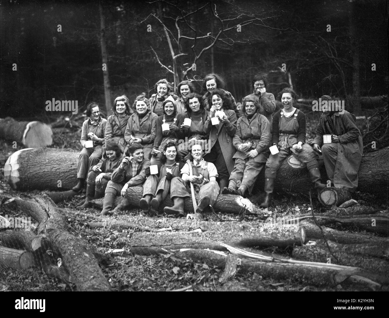 Women's Land Army oder Land Mädchen von Holz Corps, forstwirtschaftliche Arbeiten im südlichen England während des Zweiten Weltkriegs Stockfoto