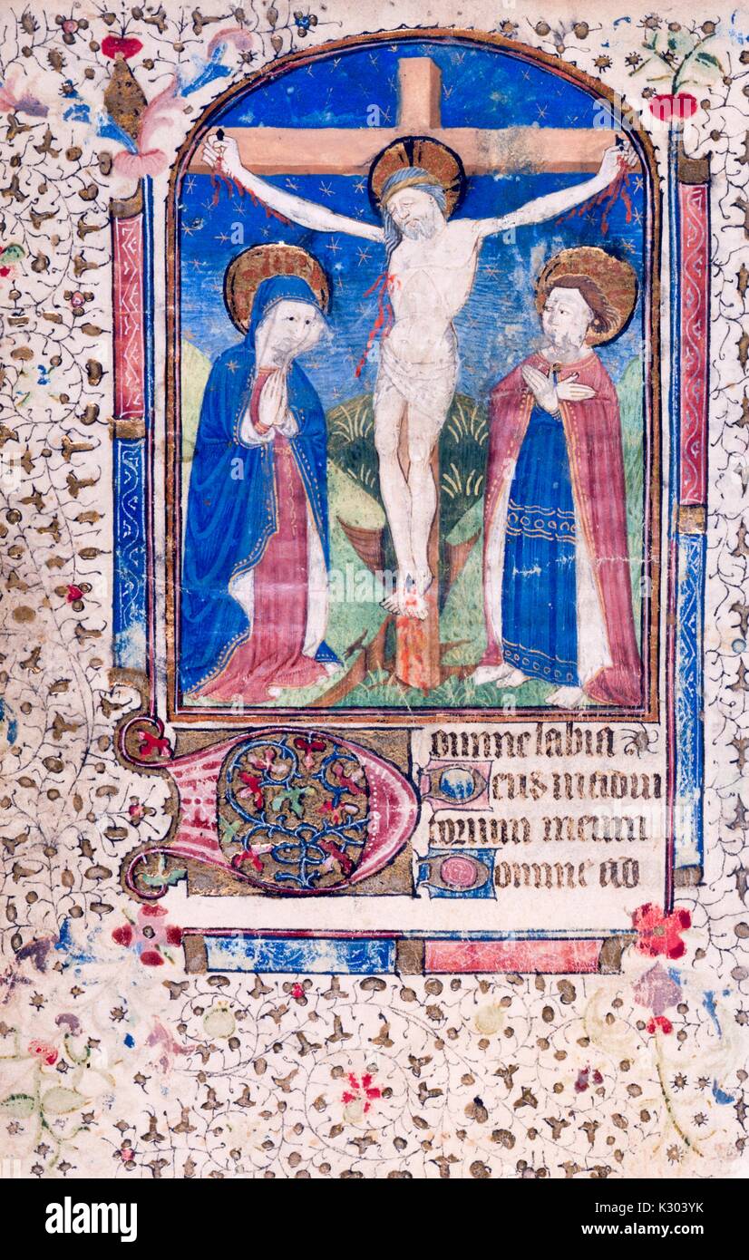 Bilderhandschrift Seite Darstellung von Jesus Christus am Kreuz, aus dem Missale Romanum, aus dem 15. Jahrhundert latein Buch der Stunden, 1450. Stockfoto