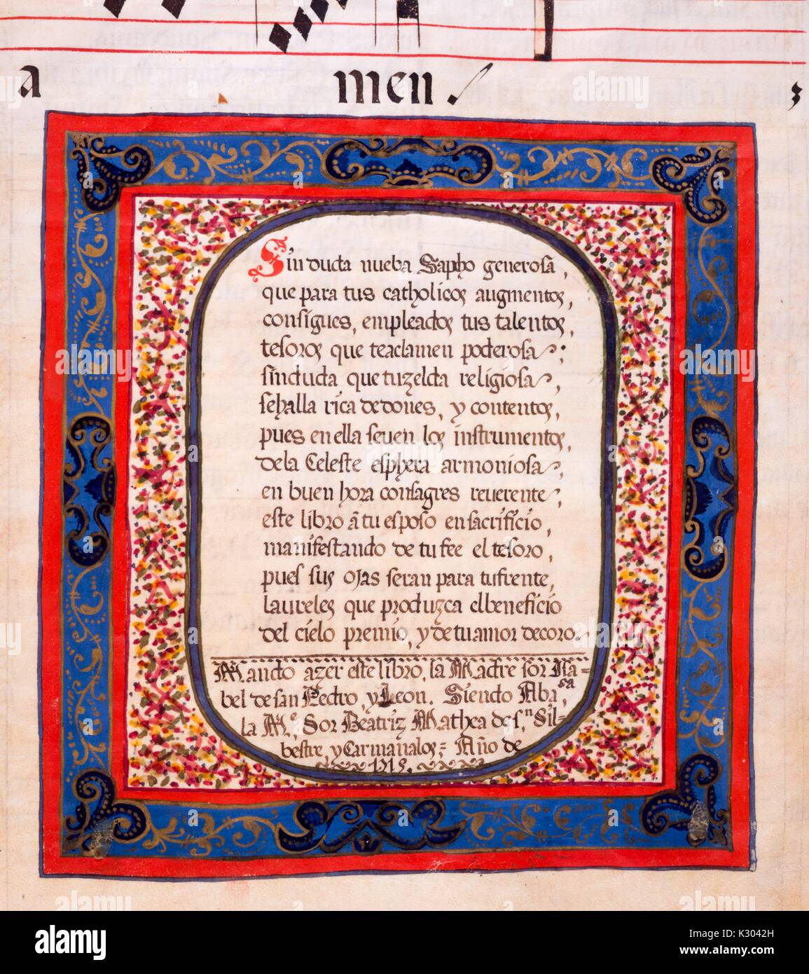 Bilderhandschrift Seite angezeigte Text von einem reich verzierten Rahmen umgeben, von einem lateinischen Handschrift in Spanien im 18. Jahrhundert erstellt, 1715. Stockfoto