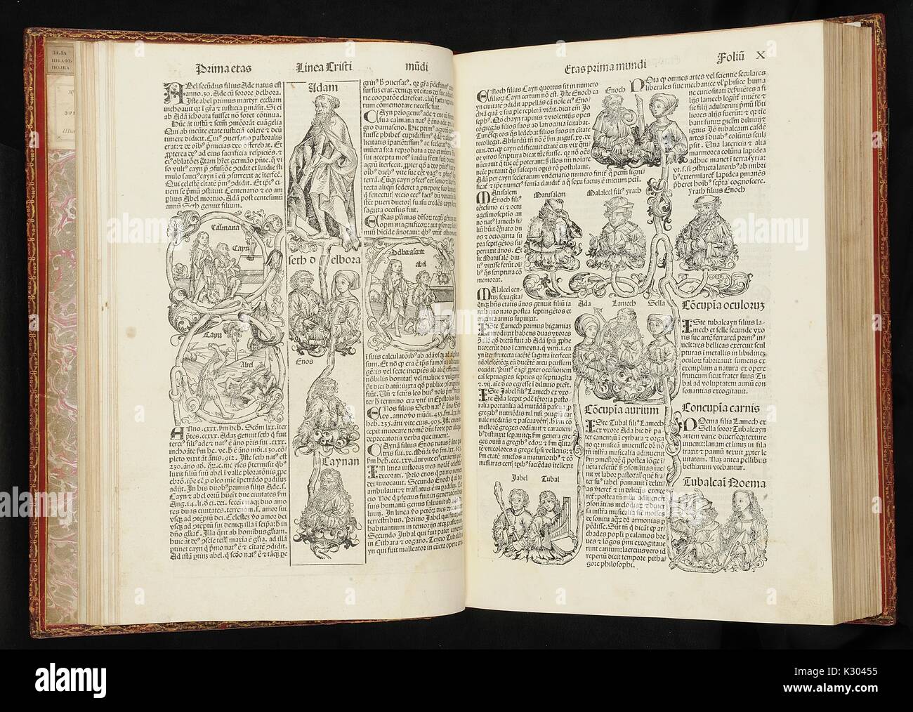 Bilderhandschrift Seite Darstellung der Genealogie von Adam aus dem späten 15. Jahrhundert Latein Buch, 1480. Stockfoto
