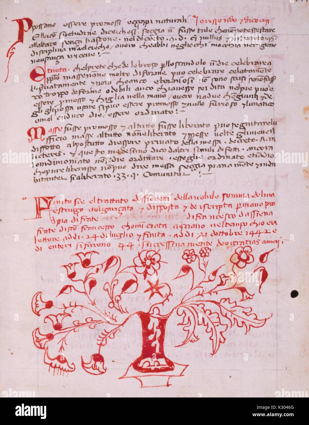 Bilderhandschrift Seite Darstellung von Text und eine reich verzierte Blumenmuster, aus dem 15. Jahrhundert Italienische Manuskript Buch in Siena, 1450 geschrieben. Stockfoto