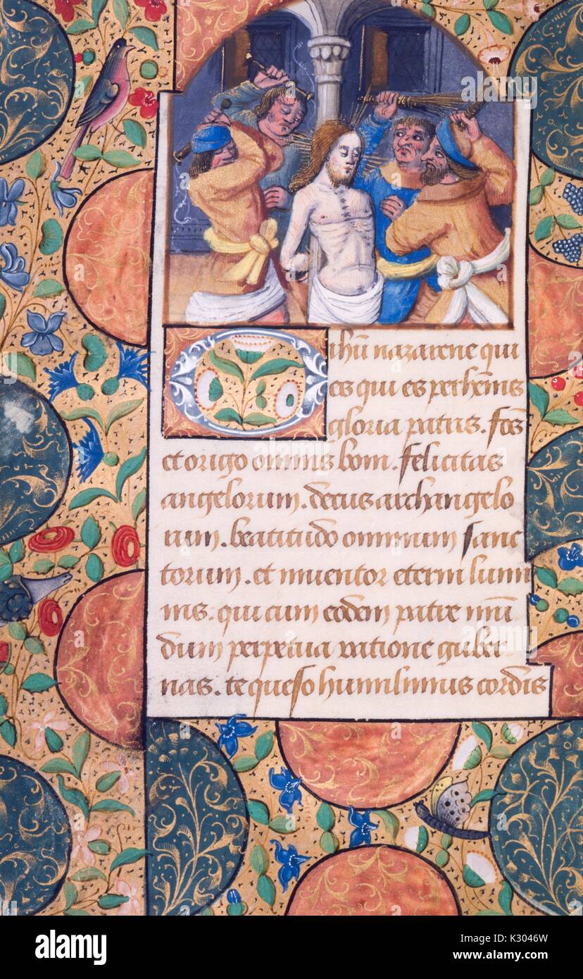 Bilderhandschrift Seite Darstellung der Verrat an Christus, aus dem 15. Jahrhundert Latein Buch der Stunden, 1450. Stockfoto