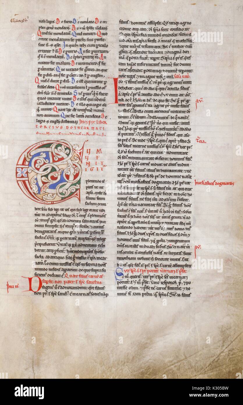 Bilderhandschrift Seite der religiösen Text in Latein von "Petrus Lombardus libri IV Sententiaru' des 12. Jahrhunderts in Paris, 2013. Stockfoto