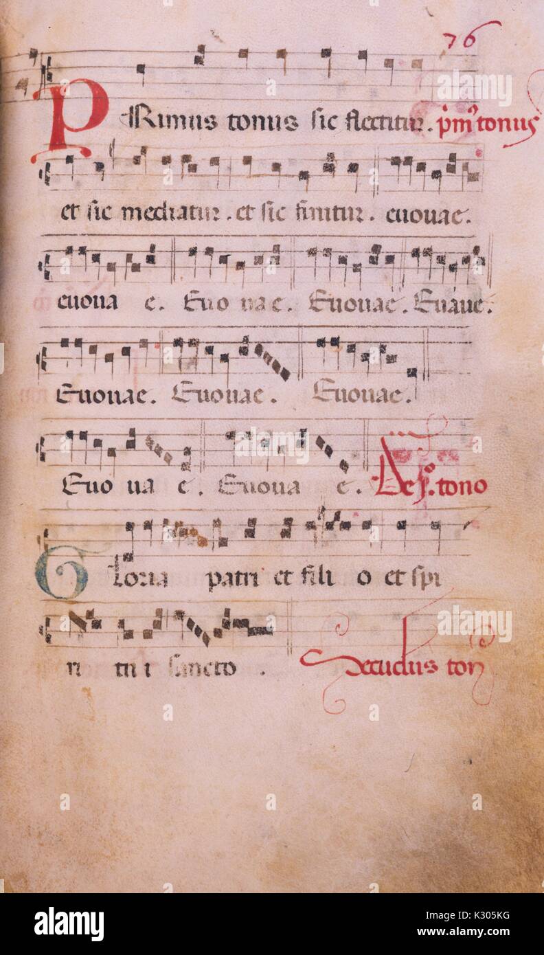 Bilderhandschrift Seite von Musik aus dem "Incipit comune Sanctorum, In ad uesperas uigilia Apostolorum", ein aus dem 15. und 16. jahrhundert Latein antiphonar der Katholischen Kirche, 2013. Stockfoto