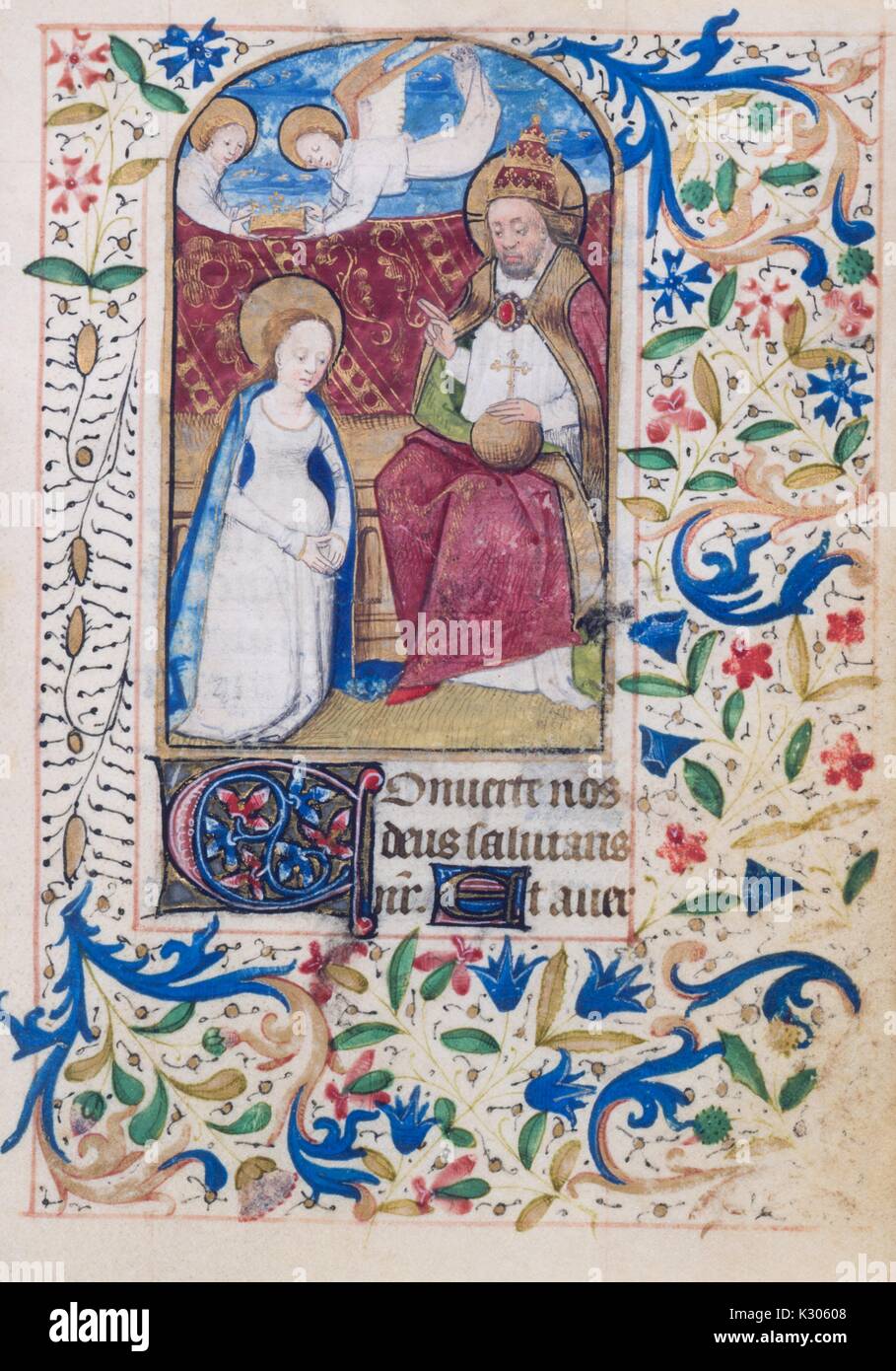 Bilderhandschrift Seite von "Initium sancti euangelii secundum iohannem: Gloria tibi Domine' mit religiösen Abbildung: Engel und ein Mann Segen, eine Frau mit einer dekorativen Rand, Buch der Stunden Manuskript in Lateinamerika im 15. Jahrhundert gedruckt, 1400. Stockfoto