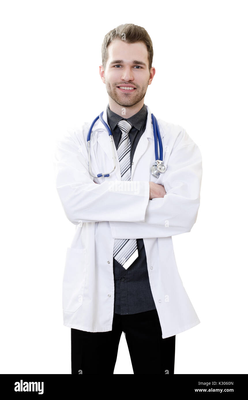 Hübscher junger Arzt auf einem weißen Hintergrund. Gesundheitswesen und Medizin-Konzept Stockfoto