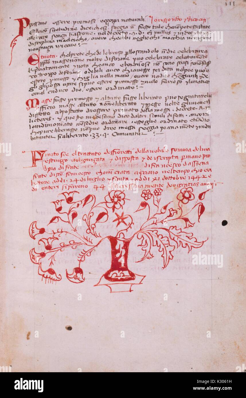 Bilderhandschrift Seite der Abhandlung über die Sakramente in Italienisch mit Text und Blumen in einer Vase, 1442 gedruckt. Stockfoto
