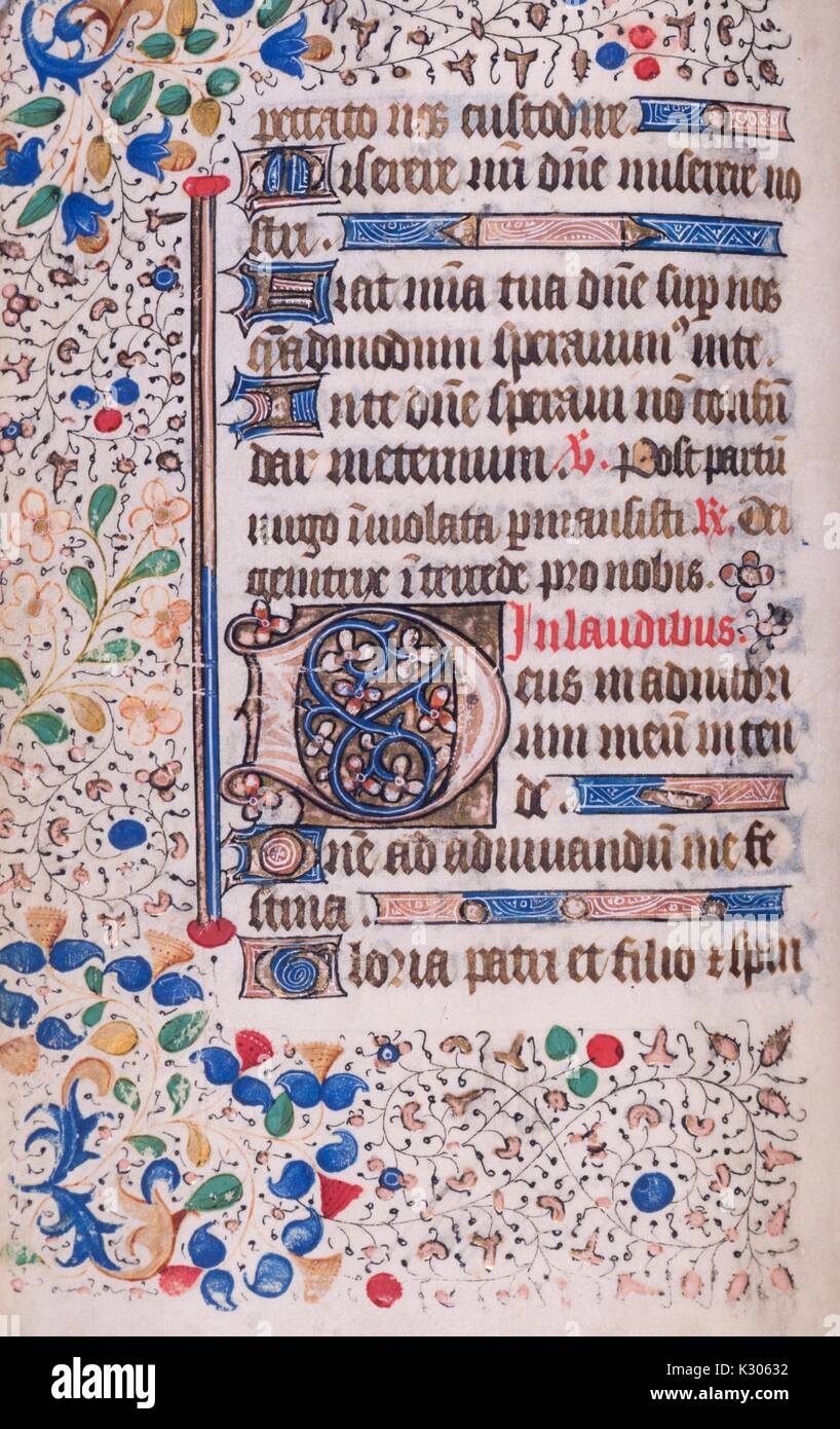 Bilderhandschrift Seite von "Initium sancti euangelii secundum iohannem: Gloria tibi Domine' Buch der Stunden Manuskript in Lateinamerika im 15. Jahrhundert mit beleuchteten Initialen und Grenze Ornamentik, 1400 gedruckt. Stockfoto