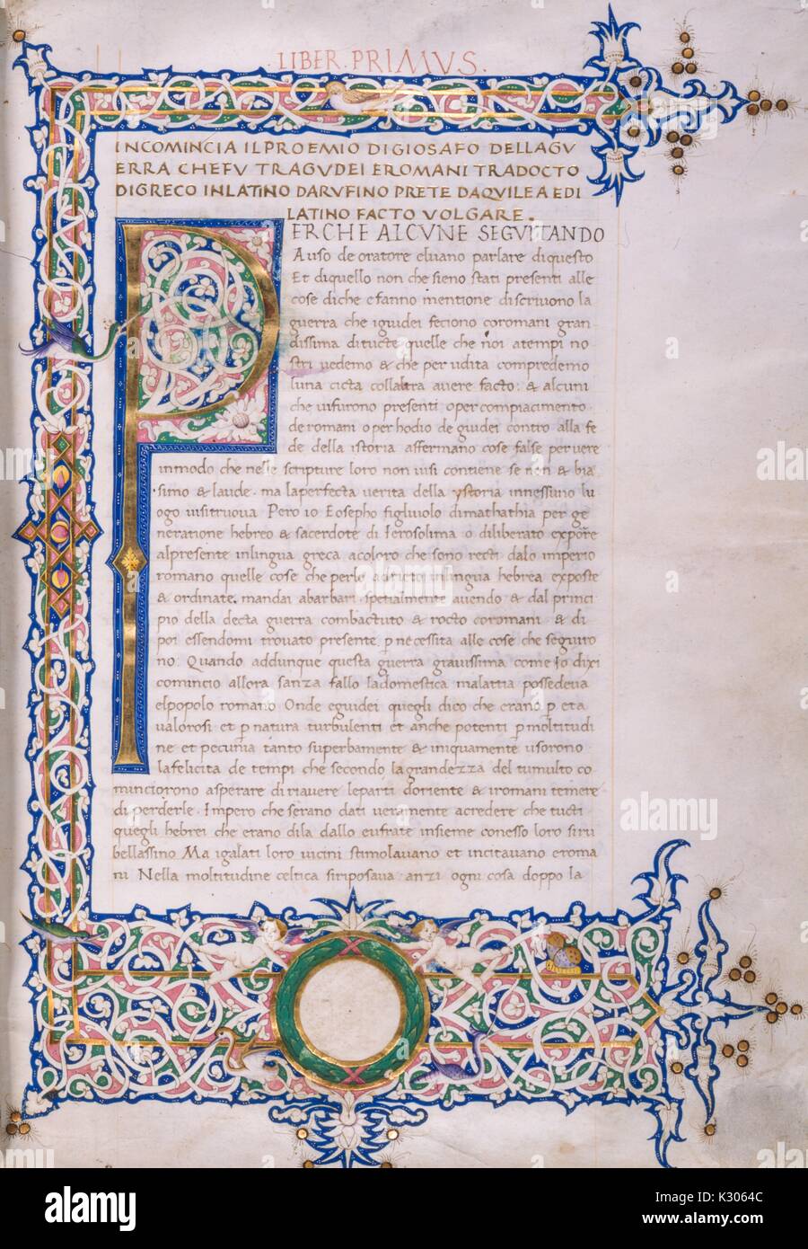 Bilderhandschrift Seite von 'il Incomincia proemio di giosafo della Guerra chefu tragudei e Romani, "Buch der Stunden in Italienisch im 15. Jahrhundert gedruckt, 1400. Stockfoto