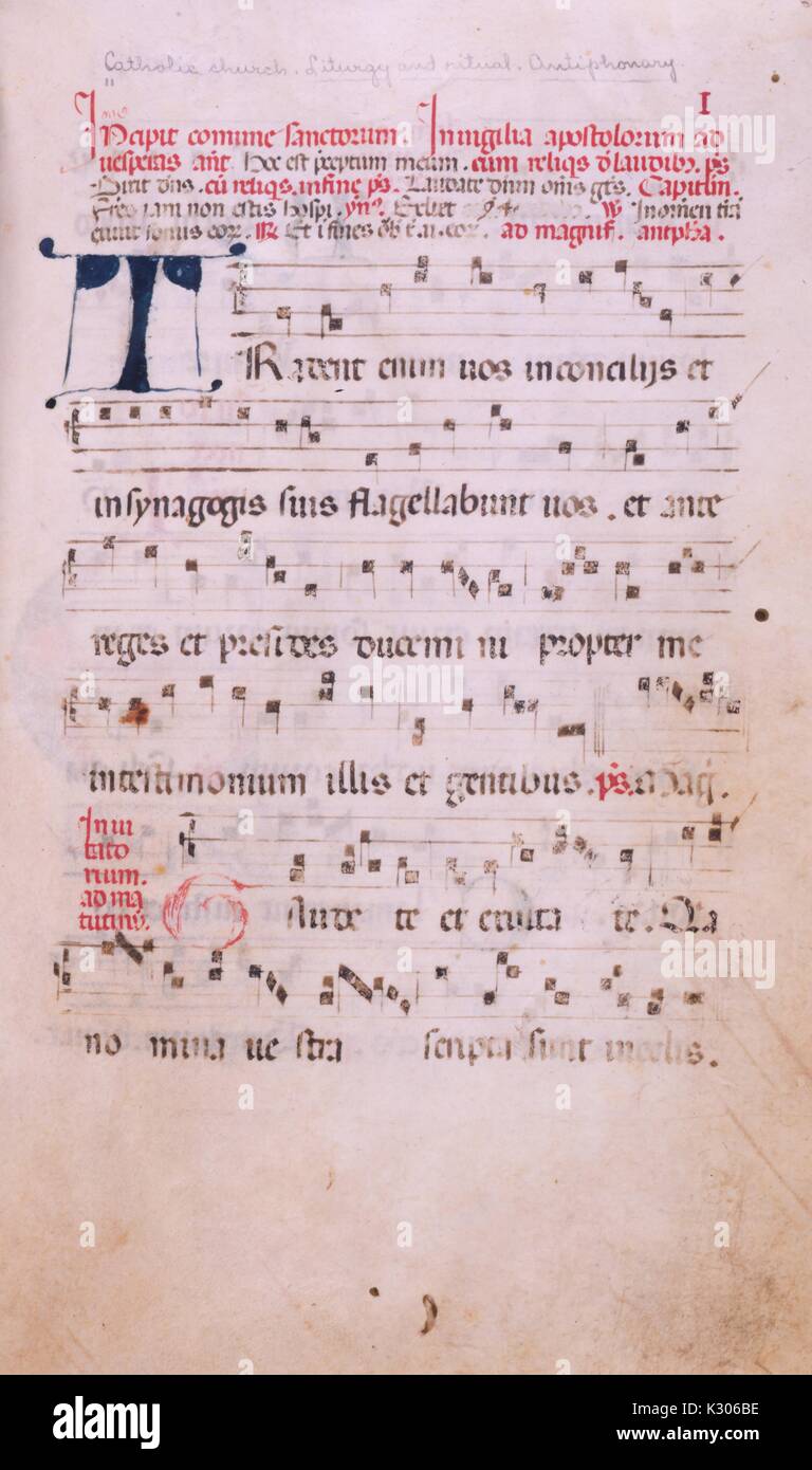 Bilderhandschrift Seite von 'Incipit comune sanctorum In Lateinamerika uigilia Apostolorum ad uesperas' Antiphonar des 15. und 16. Jahrhunderten mit Noten, 1500. Stockfoto