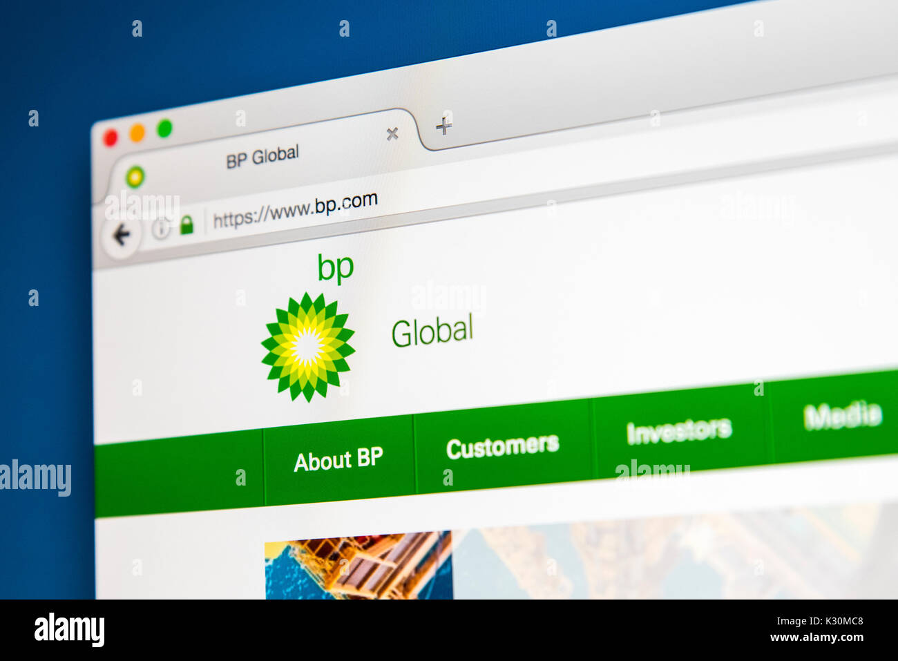 LONDON, Großbritannien - 7. August 2017: Die Homepage der offiziellen Webseite von British Petroleum, die gemeinhin als BP bekannt - die multinationalen Öl- und Gasunternehmen Stockfoto