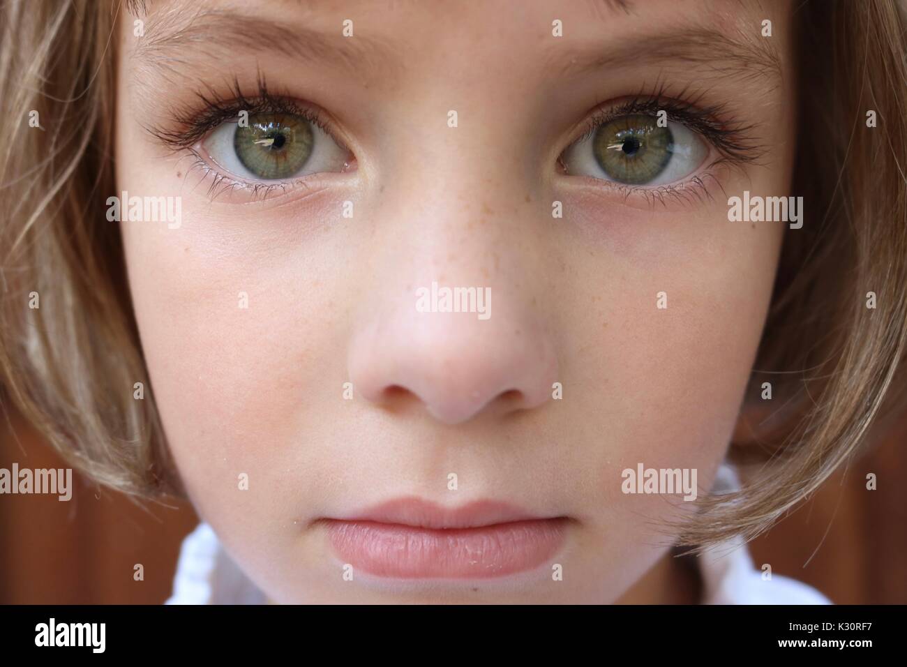Porträt der braunhaarige Mädchen mit großen grünen Augen Stockfoto