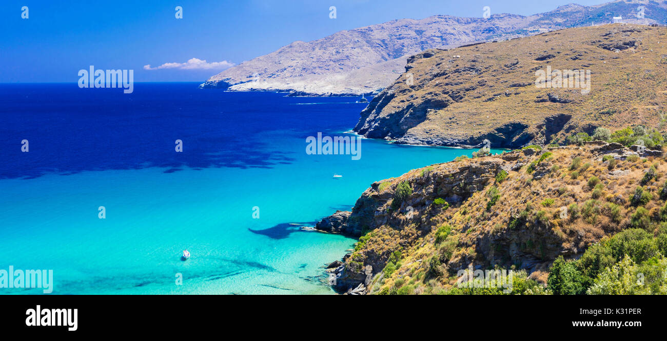 Wunderschöne Bucht tourquise Meer. Die Insel Andros, Kykladen Stockfoto