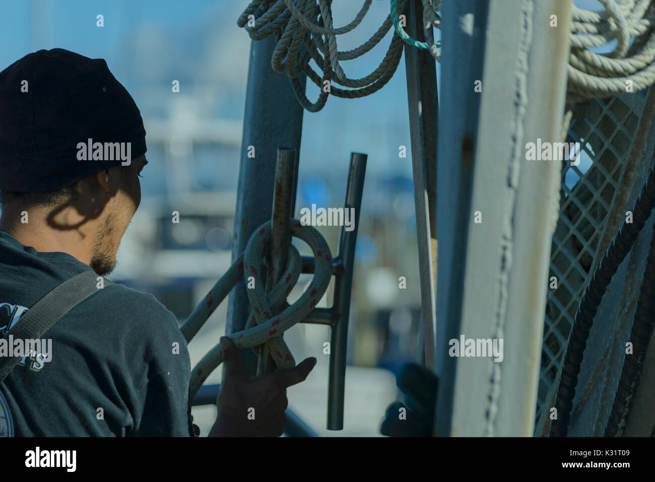 Mann Binden von Knoten und sichern eine Verankerung Big Game Fishing Boote auf Marina Whitianga Coromandel, Neuseeland Stockfoto