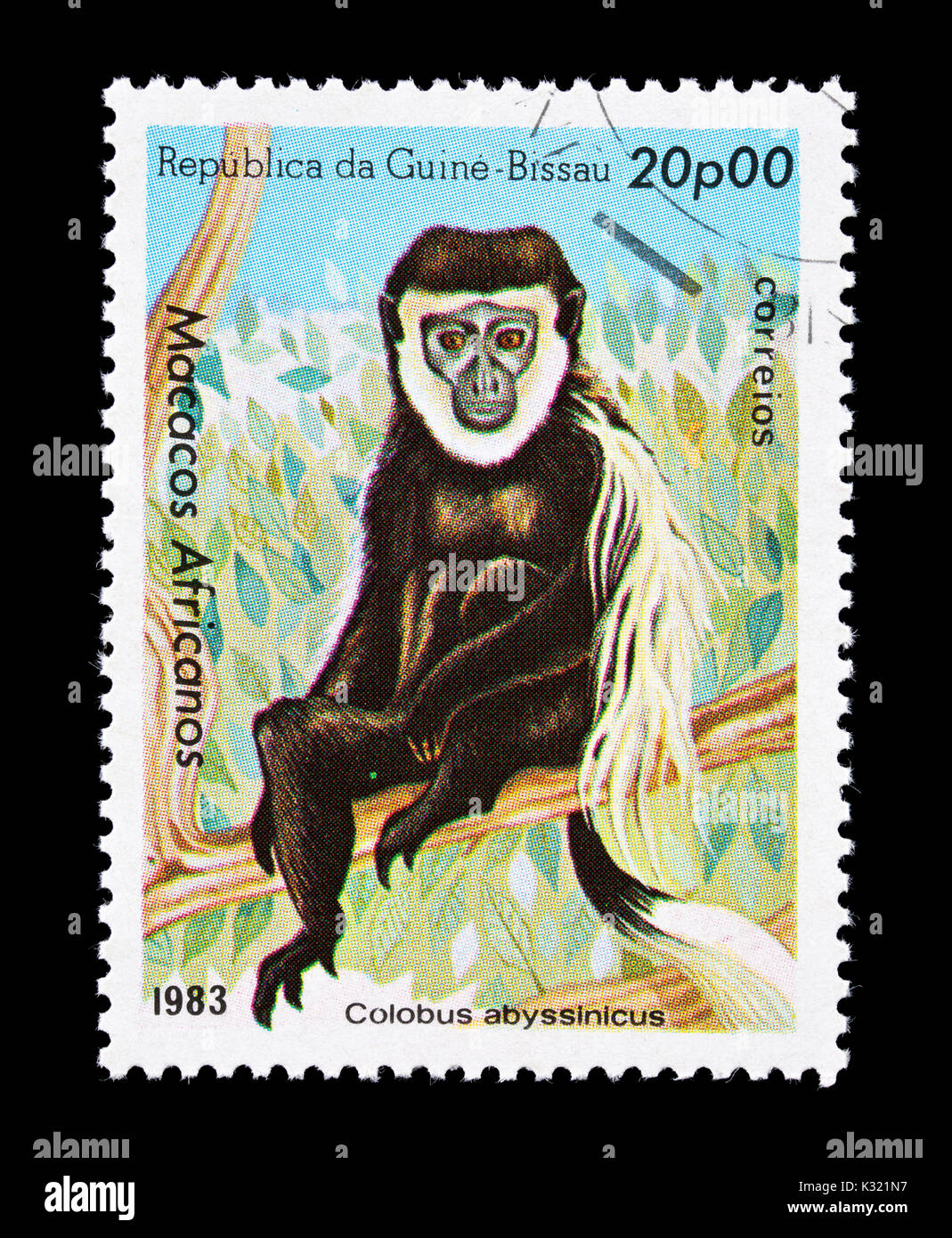Briefmarke aus Guinea-Bissau Darstellung einer Mantled guereza (Colobus guereza) Stockfoto