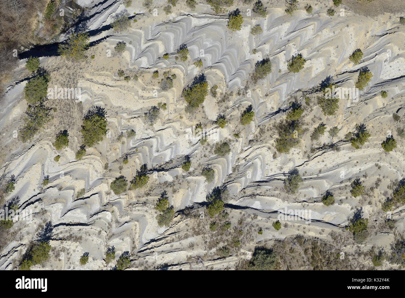 LUFTAUFNAHME. Chevron-Muster in schrägen Gesteinsschichten mit verstreuten Bäumen. Lieuche, Hinterland der französischen Riviera, Alpes-Maritimes, Frankreich. Stockfoto