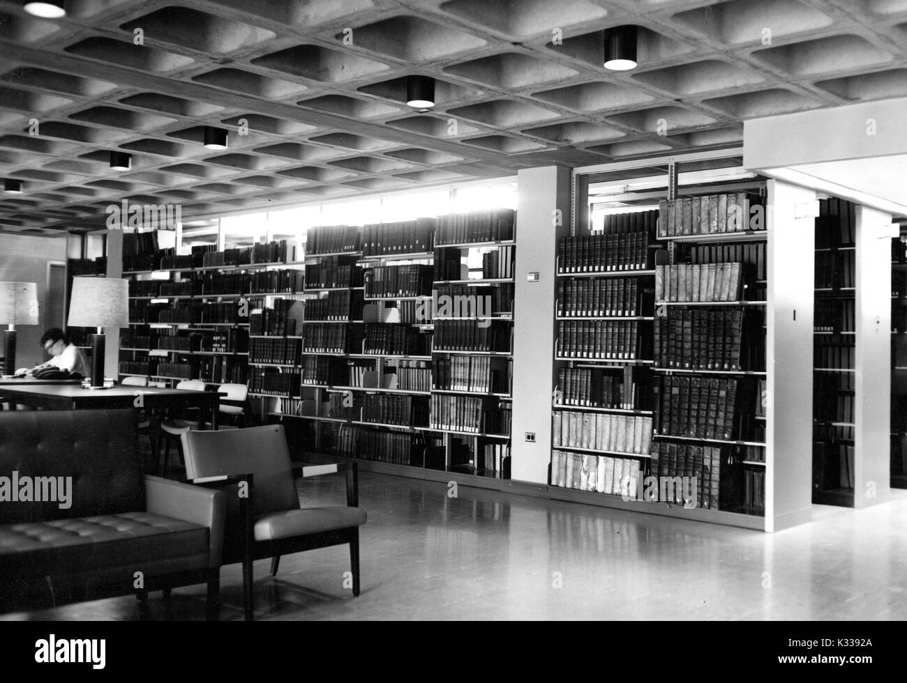 Auf einer U-Bahn lesen und studieren Ebene innerhalb des Milton S Eisenhower Bibliothek an der Johns Hopkins University, Stapel von Büchern stehen neben Tischen und Lampen für Studium, mit einem Schüler über ein Buch im Hintergrund gebuckelt, ruhige, schwach beleuchteten Raum, Baltimore, Maryland, 1965. Stockfoto