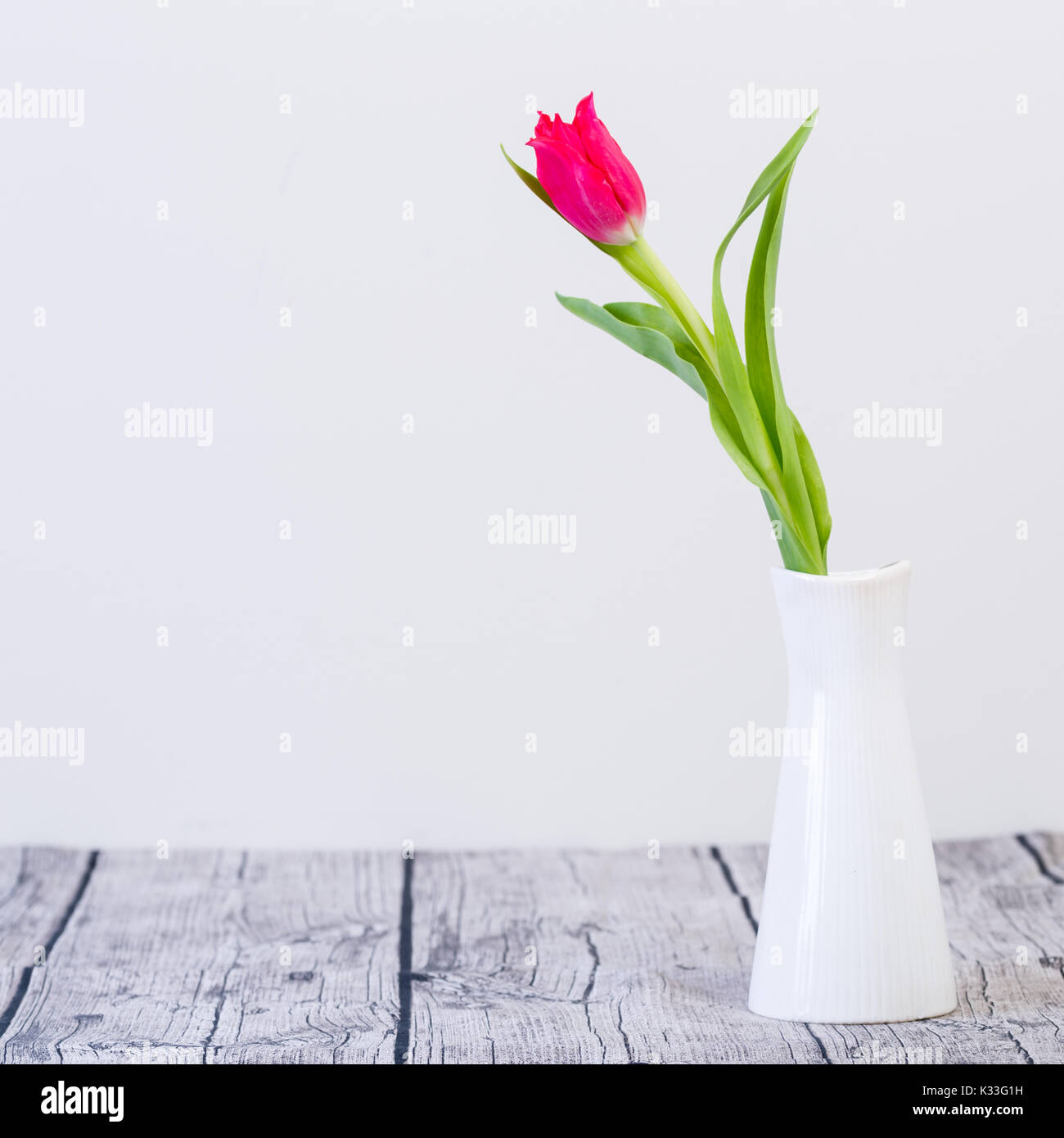 Eine rote Tulpe in Weiß Vase auf hölzernen Tisch Stockfoto